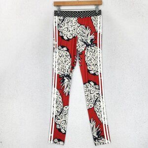 Adidas X Farm Rio Pants Womens Small Red Pineapple Pull On 3 Stripe Leggings NEW
